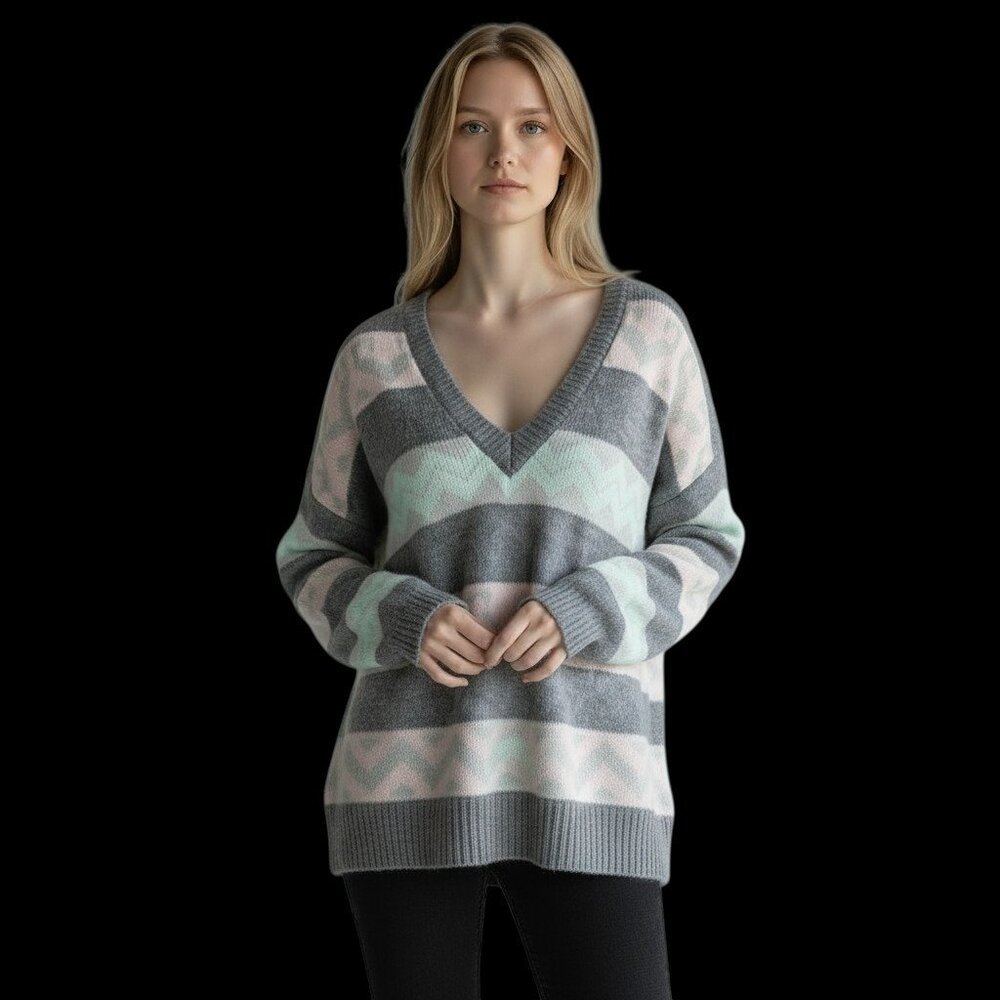 80s Coquette Pastel Fuzzy Vneck Sweater Oversized Gray Striped Chevron Sz M/L